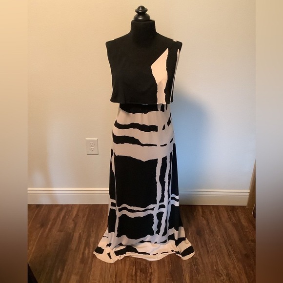 Unknown Dresses & Skirts - Abstract Print Maxi Dress Black Cream Layered‎ Bodice Tie Back 837043 RN 58142